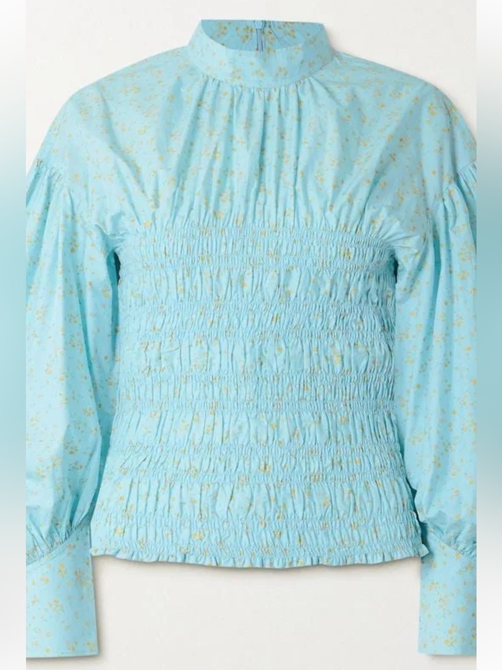 Ganni Light Blue Smocked Floral Blouse